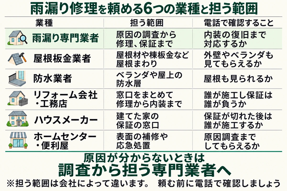 雨漏り専門業者、屋根板金業者、防水業者、リフォーム会社・工務店、ハウスメーカー、ホームセンター・便利屋の6つの業種が担う範囲と、電話で確認することを並べた早見表