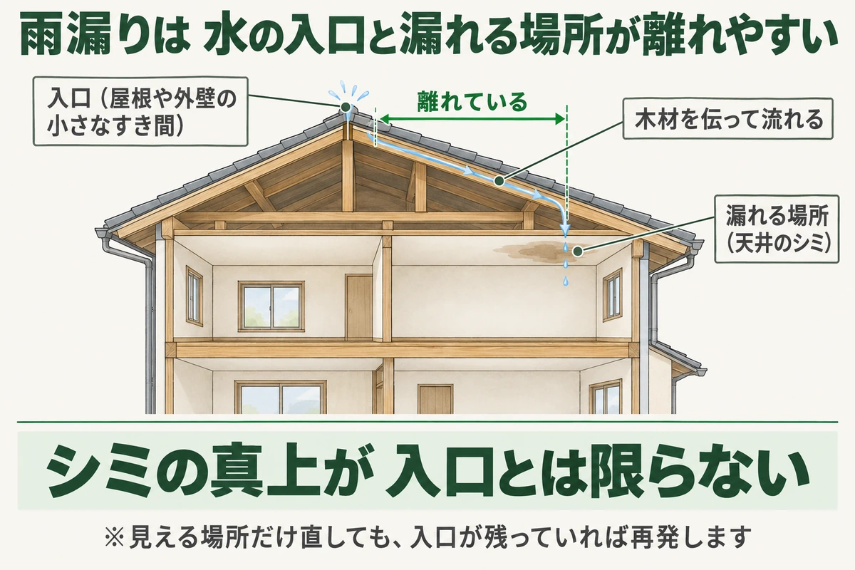 屋根の小さなすき間から入った雨水が屋根裏の木材を伝って流れ、離れた場所の天井にシミとして出る様子を家の断面で示した図。シミの真上が入口とは限らない