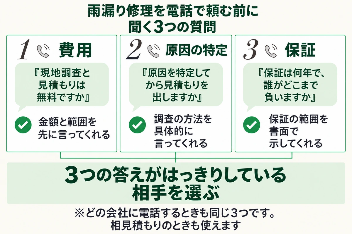 雨漏り修理を電話で頼む前に聞く3つの質問を示した図。現地調査と見積もりが無料か、原因を特定してから見積もるか、保証は何年で誰がどこまで負うかを聞き、3つの答えがはっきりしている相手を選ぶ