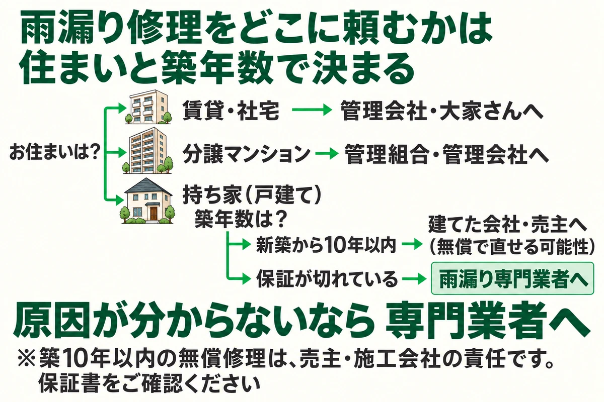 賃貸は管理会社・大家さん、分譲マンションは管理組合・管理会社、新築から10年以内の持ち家は建てた会社や売主、保証が切れた持ち家や原因が分からない雨漏りは雨漏り専門業者に頼むことを示した判定チャート