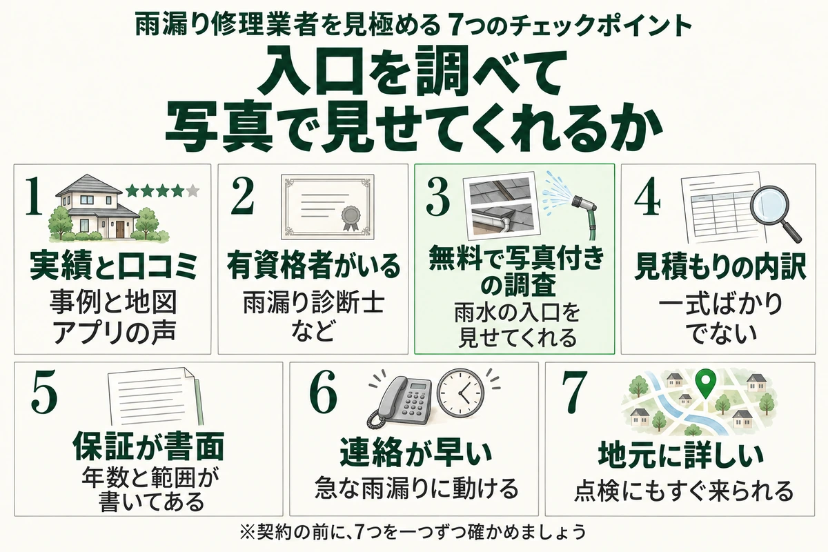 雨漏り修理業者を見極める7つのチェックポイントを示した図。事例と地図アプリの口コミ、雨漏り診断士などの有資格者、雨水の入口を見せてくれる無料で写真付きの調査、一式ばかりでない見積もりの内訳、年数と範囲が書いてある書面の保証、急な雨漏りに動ける連絡の早さ、点検にもすぐ来られる地元の詳しさ。入口を調べて写真で見せてくれるかが大事