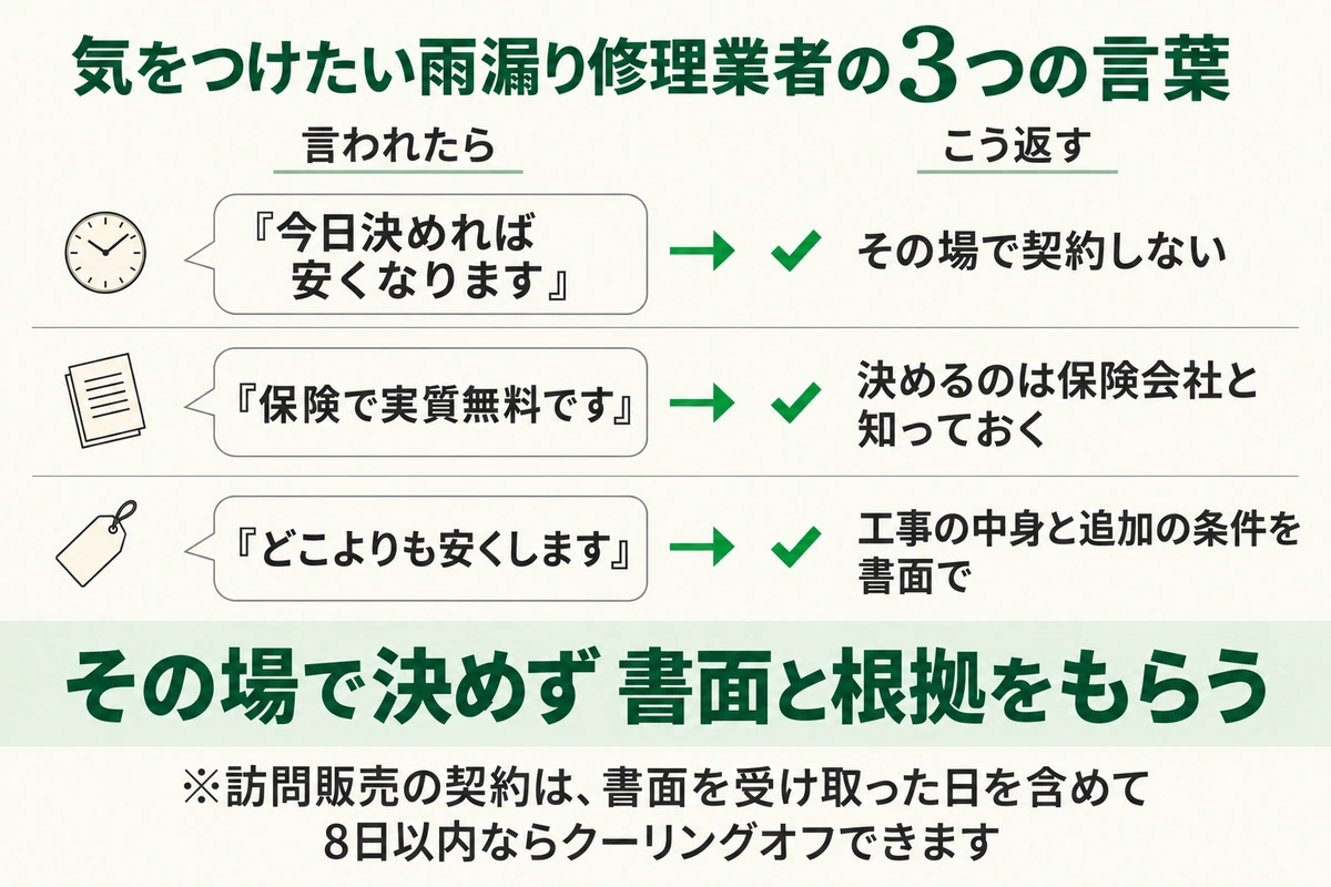 気をつけたい雨漏り修理業者の3つの言葉と返し方を示した図。今日決めれば安くなると言われたらその場で契約せず、保険で実質無料と言われたら決めるのは保険会社だと知っておき、どこよりも安くすると言われたら工事の中身と追加の条件を書面でもらう