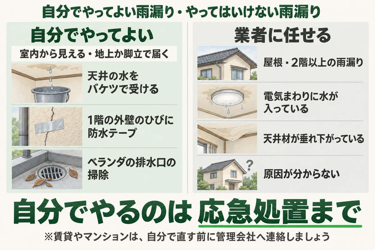 自分でやってよい雨漏りと業者に任せる雨漏りを比べた図。室内から見えて地上か脚立で届く所の、天井の水をバケツで受ける、1階の外壁のひびに防水テープ、ベランダの排水口の掃除は自分でやってよい。屋根・2階以上、電気まわりの水、天井材の垂れ下がり、原因が分からない雨漏りは業者に任せる