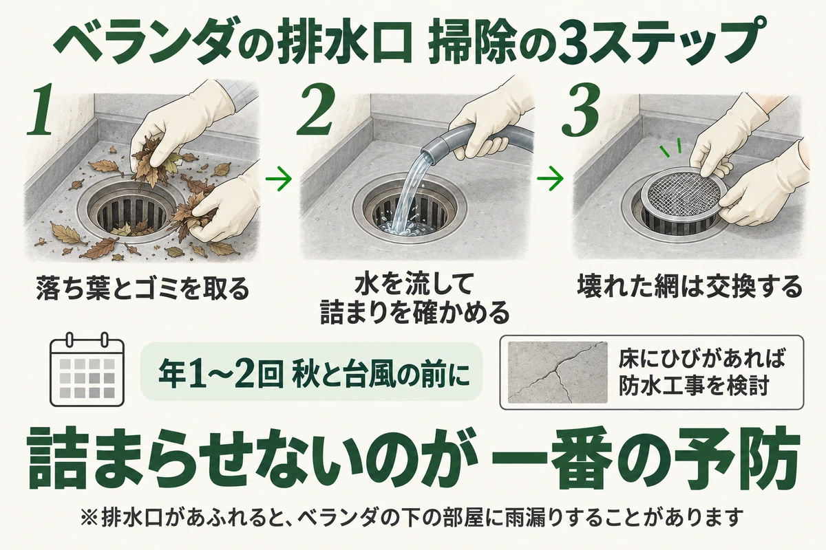 ベランダの排水口の掃除3ステップを示した図。落ち葉とゴミを取る、水を流して詰まりを確かめる、壊れた網は交換する。年1〜2回、秋と台風の前に行い、床にひびがあれば防水工事を検討する