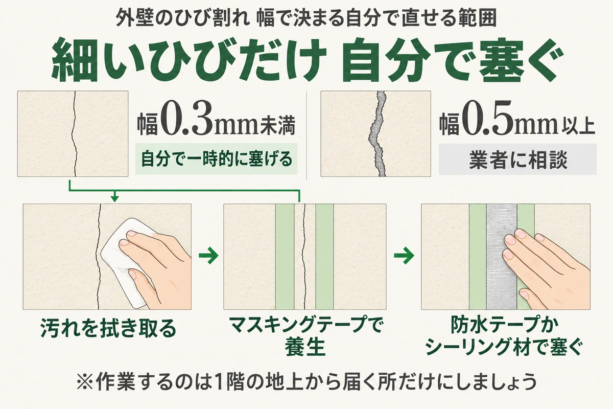 外壁のひび割れを自分で直せる範囲を示した図。幅0.3mm未満の細いひびは、汚れを拭き取り、マスキングテープで養生し、防水テープかシーリング材で一時的に塞げる。幅0.5mm以上は業者に相談する