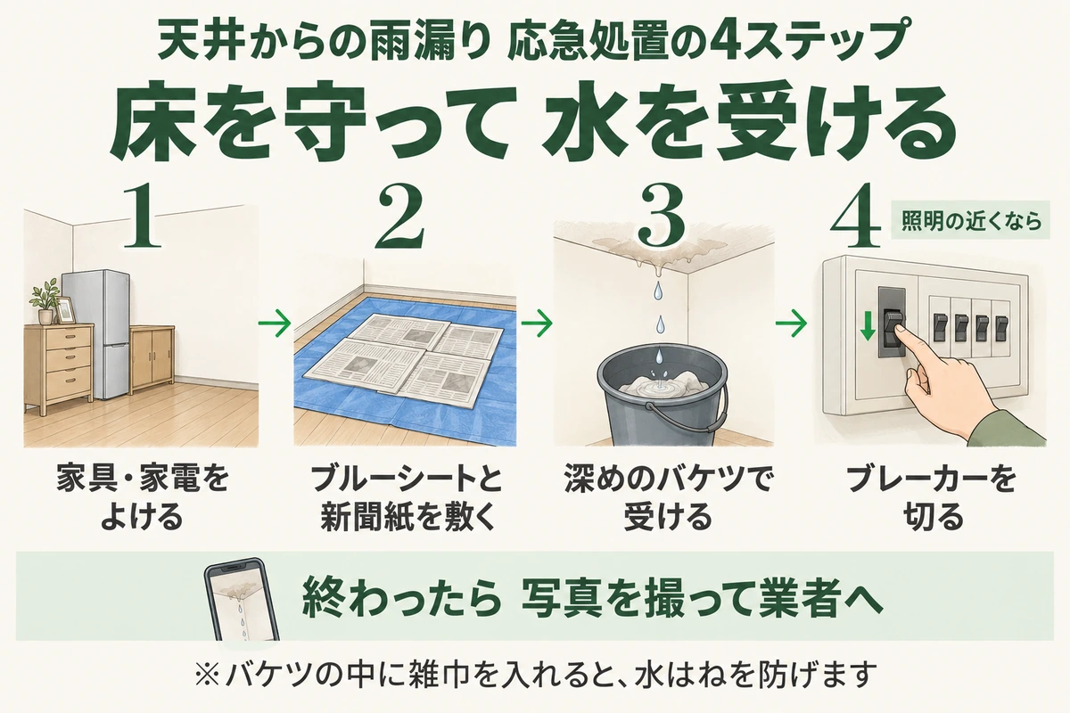 天井からの雨漏りの応急処置4ステップを示した図。家具・家電をよける、ブルーシートと新聞紙を敷く、深めのバケツで受ける、照明の近くならブレーカーを切る。終わったら写真を撮って業者へ連絡する