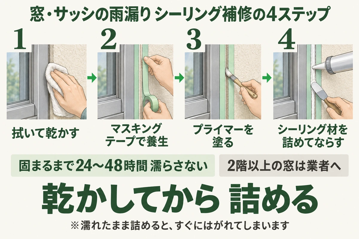 窓・サッシの雨漏りをシーリング材で補修する4ステップを示した図。拭いて乾かす、マスキングテープで養生、プライマーを塗る、シーリング材を詰めてならす。固まるまで24〜48時間は濡らさず、2階以上の窓は業者へ