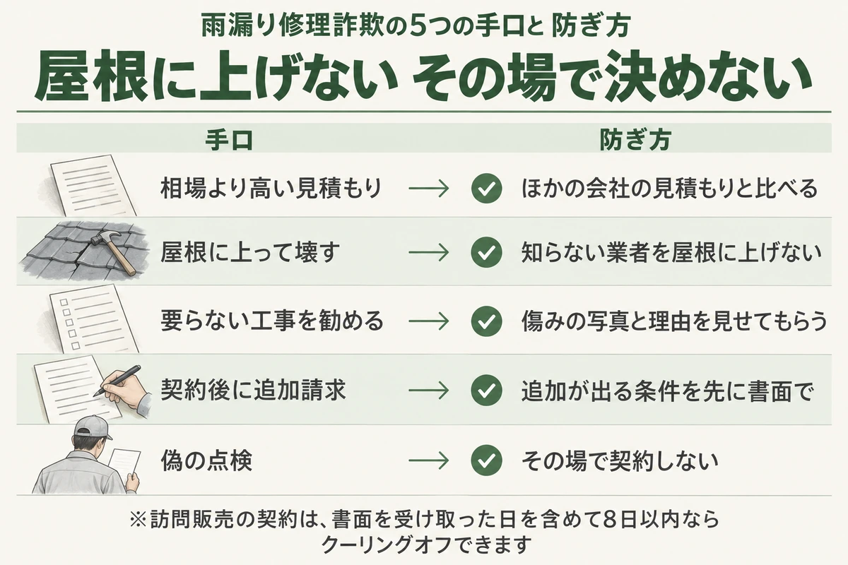 雨漏り修理詐欺の5つの手口と防ぎ方を示した図。相場より高い見積もりはほかの会社と比べ、屋根に上って壊す業者は屋根に上げず、要らない工事は傷みの写真と理由を見せてもらい、契約後の追加請求は条件を先に書面で確かめ、偽の点検ではその場で契約しない