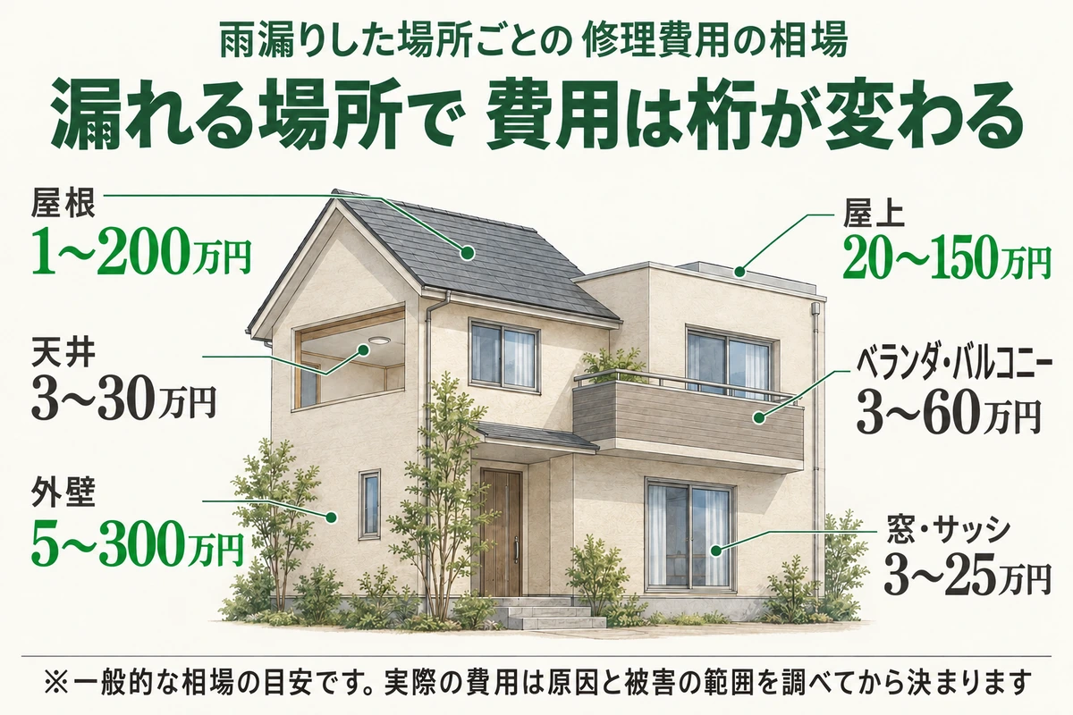 雨漏り修理の費用相場を場所ごとに示した図。屋根1〜200万円、外壁5〜300万円、天井3〜30万円、ベランダ・バルコニー3〜60万円、窓・サッシ3〜25万円、屋上20〜150万円