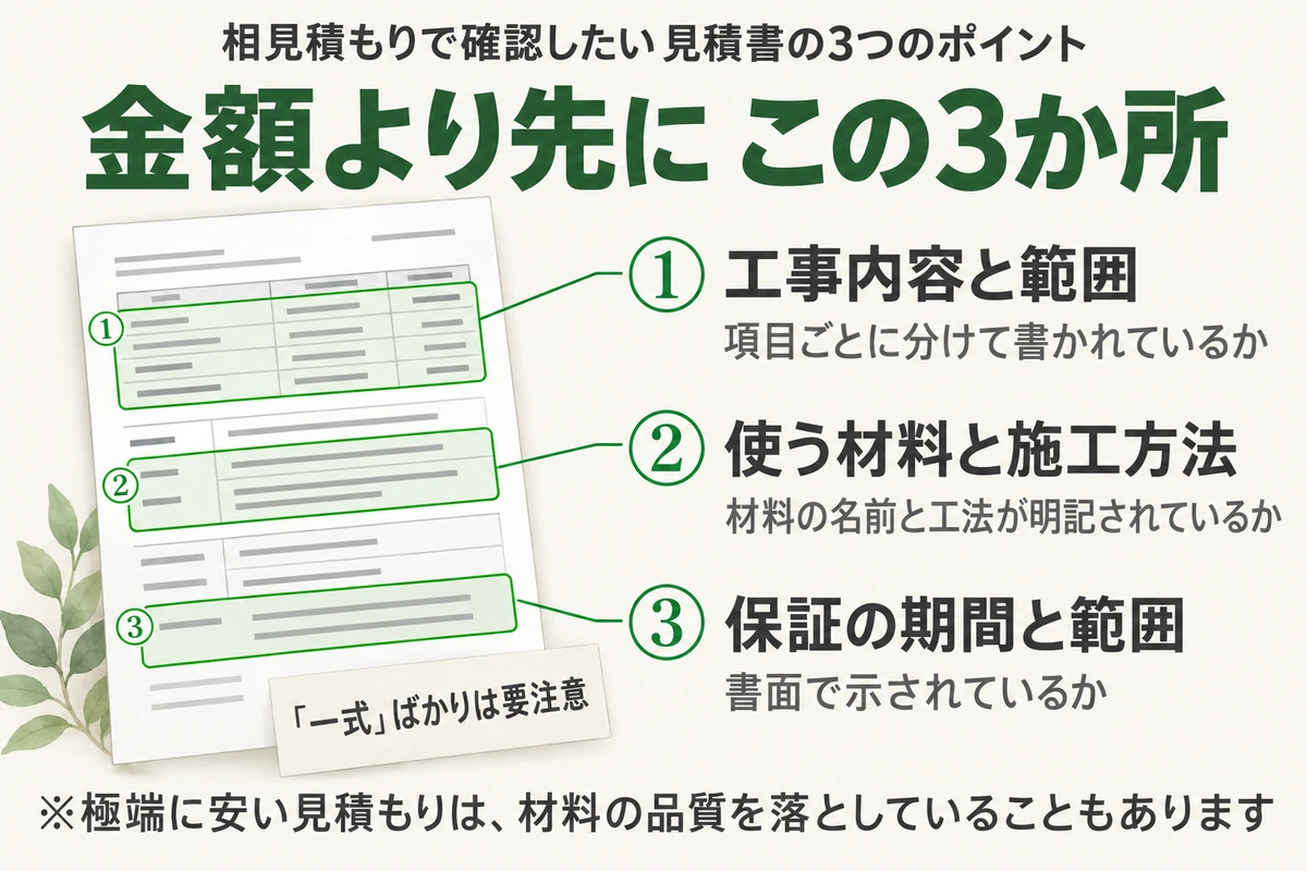 見積書では金額より先に、工事内容と範囲が項目ごとに書かれているか、使う材料と施工方法が明記されているか、保証の期間と範囲が書面で示されているかの3点を確認することを示した図