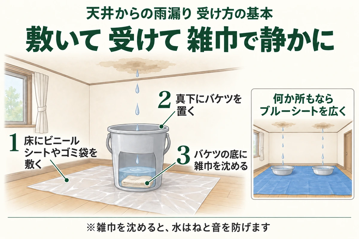 天井からの雨漏りの受け方を示した図。床にビニールシートやゴミ袋を敷き、真下にバケツを置き、バケツの底に雑巾を沈めて水はねを防ぐ。何か所からも落ちているならブルーシートを広く敷く