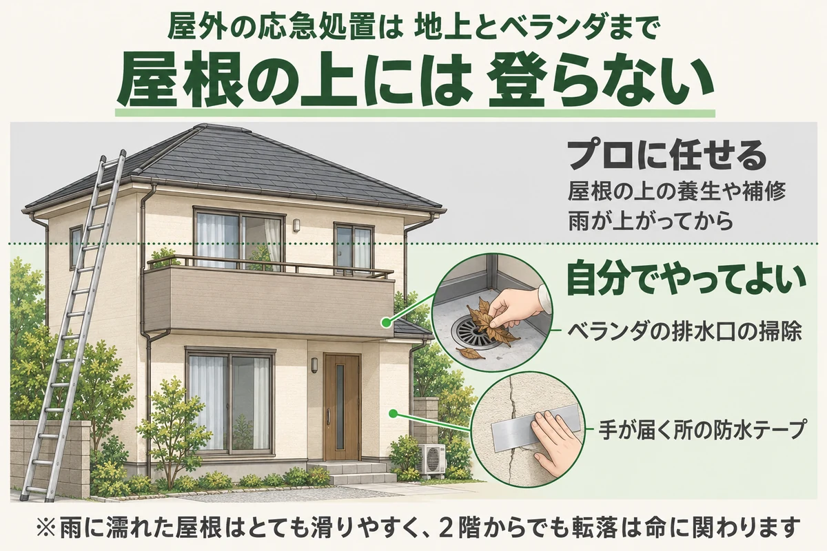 屋外の雨漏り応急処置で自分でやってよい範囲を示した図。ベランダの排水口の掃除と手が届く所の防水テープまでは自分でやってよいが、屋根の上の養生や補修は雨が上がってからプロに任せる。屋根の上には登らない