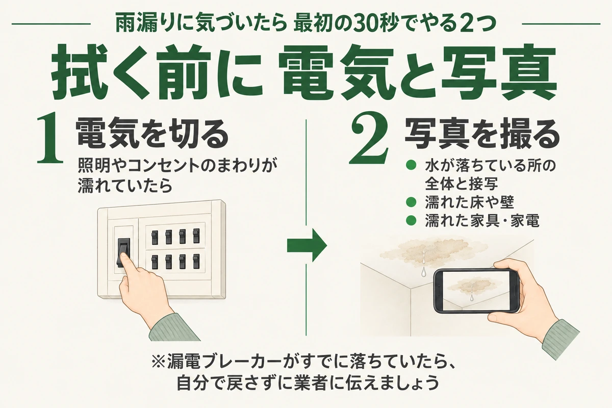 雨漏りに気づいたら最初の30秒でやる2つを示した図。照明やコンセントのまわりが濡れていたらブレーカーで電気を切り、水が落ちている所の全体と接写、濡れた床や壁、濡れた家具・家電の写真を撮る。拭く前に電気と写真