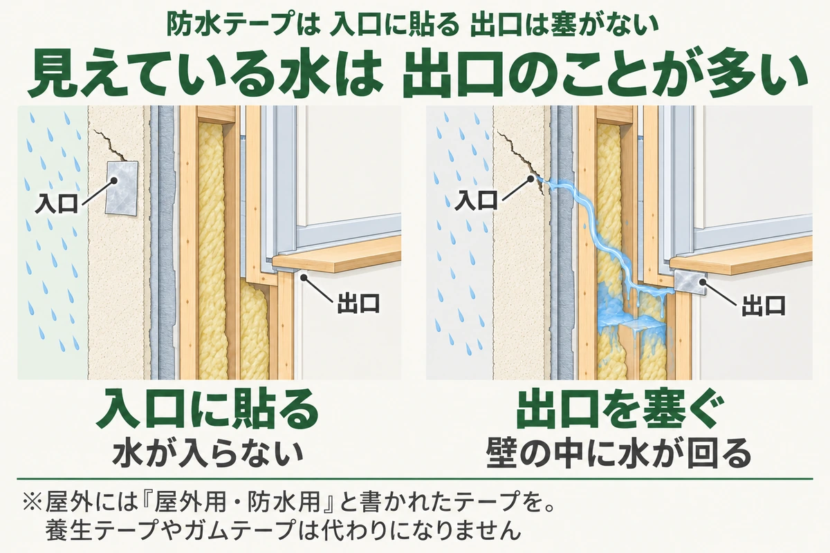 防水テープの貼り方を壁の断面で比べた図。水が入ってくる入口に貼れば水が入らないが、見えている出口を塞ぐと壁の中に水が回る。見えている水は出口のことが多い