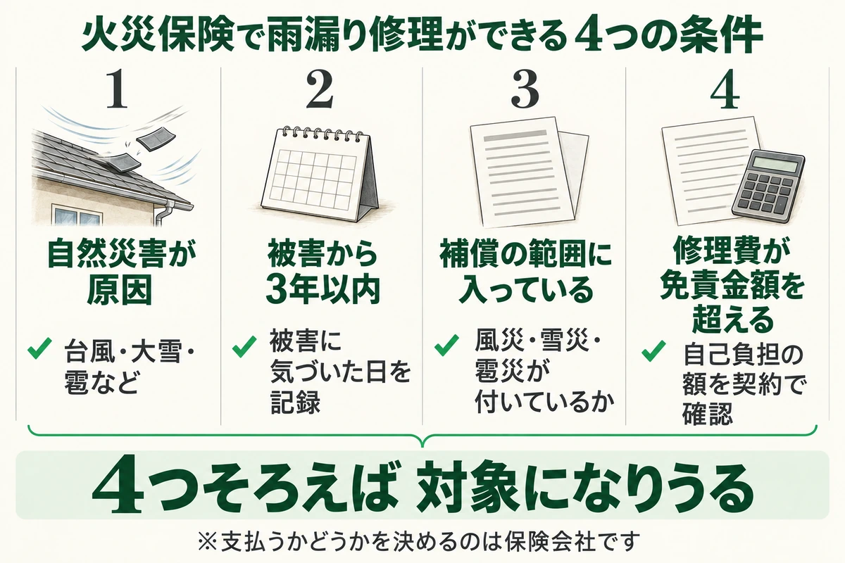 火災保険で雨漏り修理ができる4つの条件を示した図。台風・大雪・雹などの自然災害が原因であること、被害から3年以内であること、風災・雪災・雹災が補償の範囲に入っていること、修理費が免責金額を超えること。4つそろえば対象になりうるが、支払うかどうかは保険会社が決める