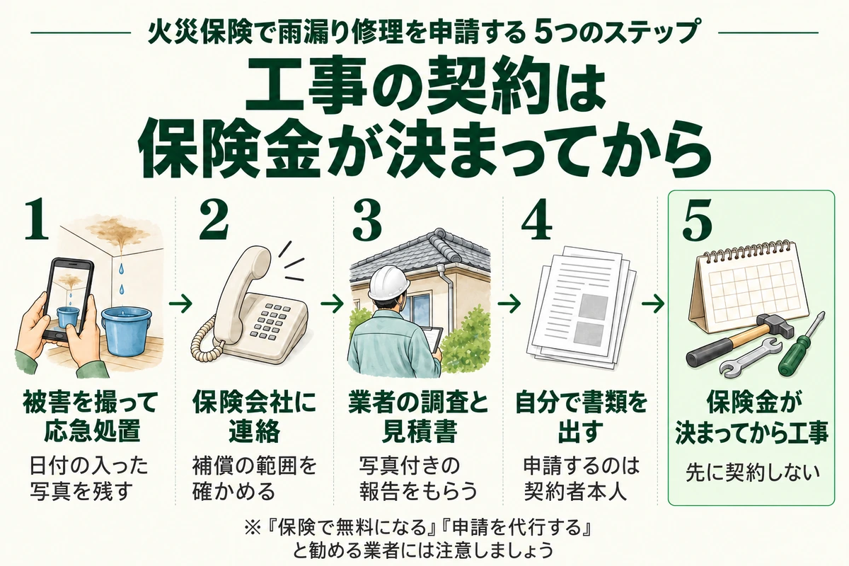 火災保険で雨漏り修理を申請する5つのステップを示した図。被害を日付の入った写真で撮って応急処置をし、保険会社に連絡して補償の範囲を確かめ、業者に調べてもらい写真付きの報告と見積書をもらい、契約者本人が書類を出し、保険金が決まってから工事を契約する