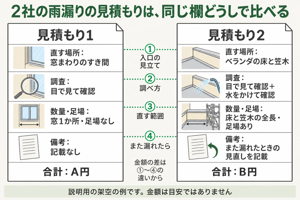 説明用の架空の雨漏りの見積書2枚を左右に並べ、調査、直す場所、数量と足場、備考の4つの欄を点線で結んで、金額の差がどの違いから来るかを示した図