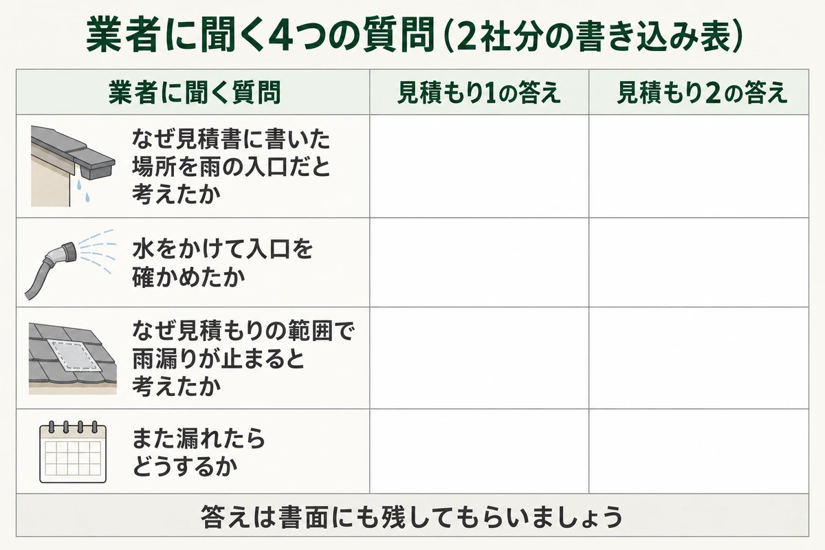 雨漏りの見積もりで2社に聞く4つの質問を左の列に並べ、見積もり1と見積もり2の答えを書き込める空欄を右に設けたチェック表