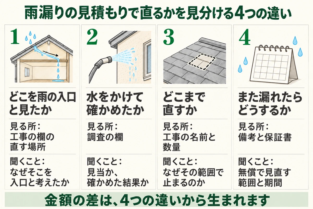 雨漏りの見積もりで直るかを見分ける4つの違いとして、どこを雨の入口と見たか、水をかけて確かめたか、どこまで直すか、また漏れたらどうするかを並べ、それぞれ見積書で見る所と業者に聞くことを示した図
