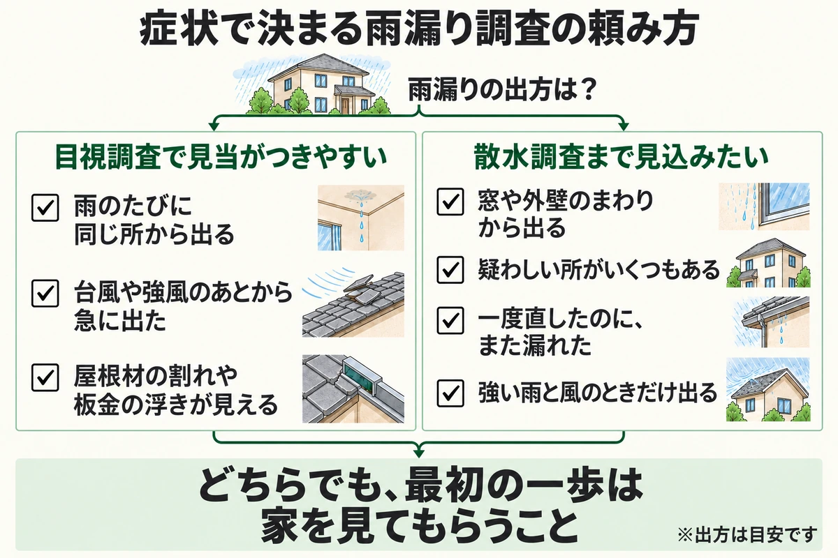 雨漏りの出方によって、目視調査で見当がつきやすいものと散水調査まで見込みたいものに分かれ、どちらでも最初は家を見てもらうことを示した図
