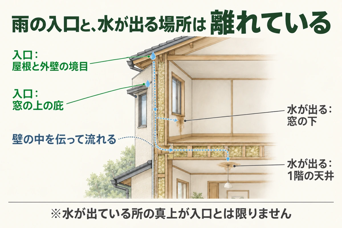 家の断面で、窓の上の庇や屋根と外壁の境目から入った雨水が壁の中を伝い、窓の下や1階の天井という離れた場所に出てくる様子を示した図