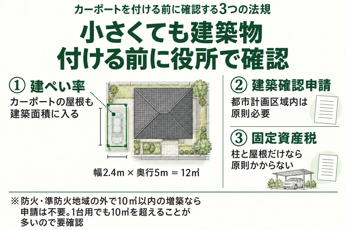 カーポートを付ける前に確認する建ぺい率・建築確認申請・固定資産税の3つの法規を示した図。カーポートの屋根も建築面積に入り、都市計画区域内では建築確認申請が原則必要で、柱と屋根だけなら固定資産税は原則かからない。幅2.4m×奥行5mの1台用でも12㎡になる