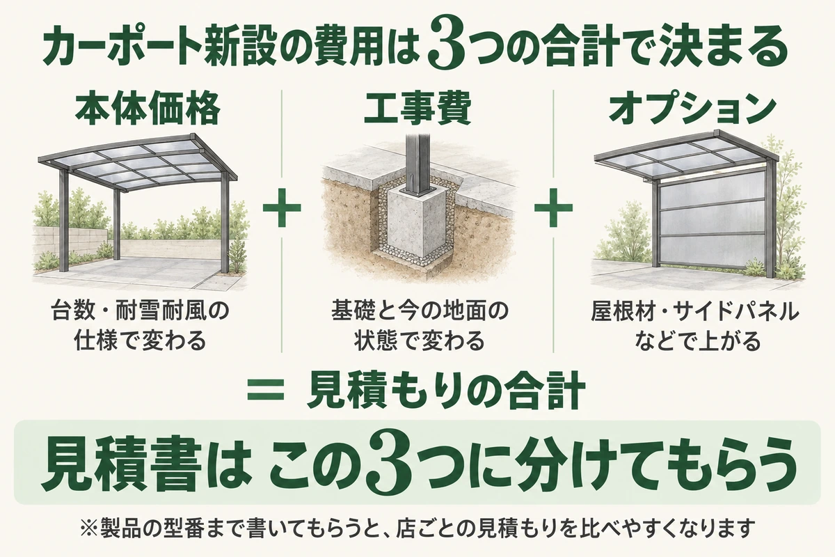 カーポート新設の費用は、台数と耐雪耐風の仕様で変わる本体価格、基礎と今の地面の状態で変わる工事費、屋根材やサイドパネルなどのオプションの3つの合計で決まることを示した図