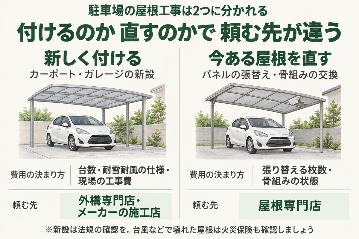 駐車場の屋根工事は、新しく付ける工事と今ある屋根を直す工事の2つに分かれ、新設は台数・仕様・工事費で費用が決まり外構専門店へ、直す工事は張り替える枚数と骨組みの状態で決まり屋根専門店へ頼むことを示した図