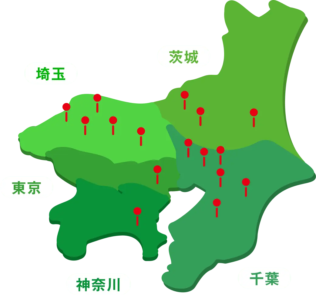 関東地方の一部（東京、神奈川、埼玉、千葉、茨城）が色分けされた地図イラスト